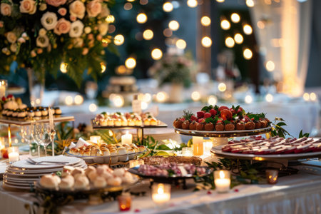 Catering buffet table with a delicious food on wedding. Generative AI illustrationの素材