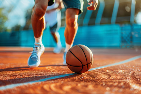 Basketball player dribbling the ball on basketball court. Generative AI illustrationの素材
