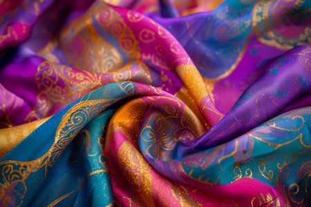 Colorful silk fabric with patterns, shimmer and sequins. Generative AI illustrationの素材