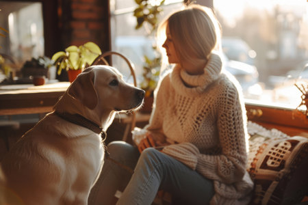 Woman with her pet in the dog friendly cafe. Generative AI illustrationの素材