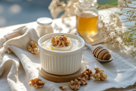 Greek yoghurt with honey and walnuts in a bowl. Healthy breakfast. Generative AI illustrationの素材