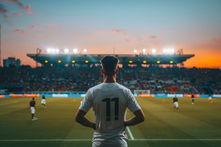 Back view of professional football player on field of stadium. Generative AI illustrationの素材