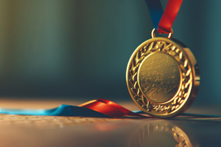 Blank golden medal. Trophy award. Symbol of triumph and leadership. Generative AI illustrationの素材