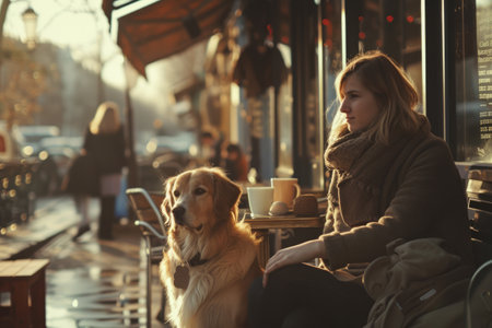 Woman with her pet in the dog friendly cafe. Generative AI illustrationの素材