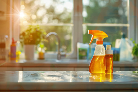 House cleaning product on blurred kitchen background. Generative AI illustrationの素材