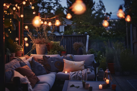 Cozy terrace with outdoor string light. Generative AI illustrationの素材