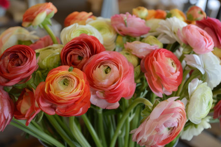 Bouquet of beautiful ranunculus flowers. Spring floral background. Generative AI illustrationの素材