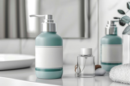 Shampoo green bottle mockup with blank label in bathroom. Minimalist style. Generative AI illustrationの素材