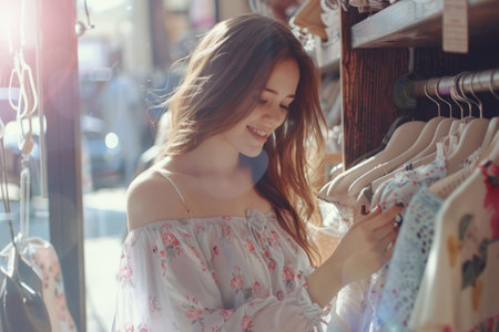 Happy young woman choose new clothes in store. Generative AI illustrationの素材