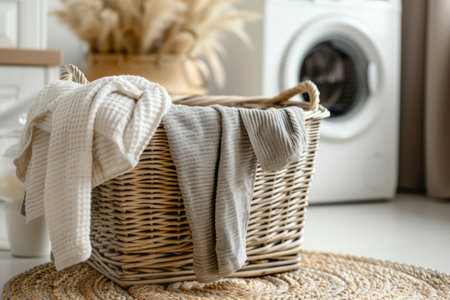 Wicker laundry basket with washing machine on the background. Generative AI illustrationの素材