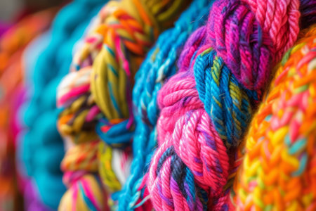 Cozy variety of colorful yarn for knitting and unfinished knitted work. The concept of hobby and comfort. Generative AI illustrationの素材