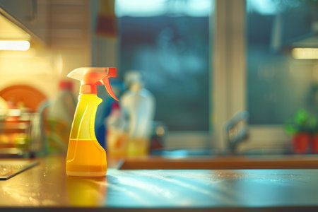 House cleaning product on blurred kitchen background. Generative AI illustrationの素材