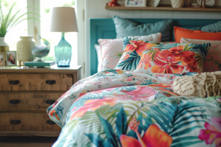 Bedroom accessories with tropical print. Tropical patterned bedding. Generative AI illustrationの素材