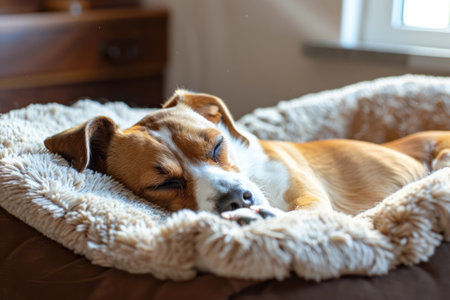 Dog napping peacefully on his soft cozy bed. Generative AI illustrationの素材