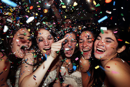 Young women celebrating and having fun at a party. Group of female friends with sparklers partying in nightclub. Generative AI illustrationの素材