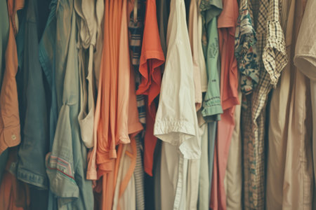 Open closet with unorganized random colorful hanging clothes. Generative AI illustrationの素材