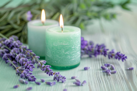 Violet and mint green candles with lavender flowers on background. Generative AI illustrationの素材