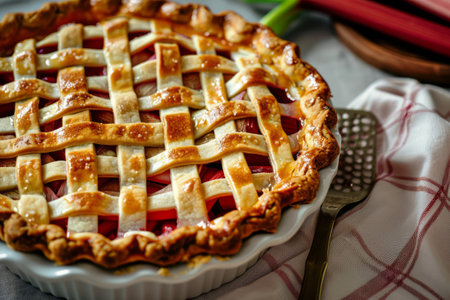 Freshly baked rhubarb pie with a golden crust. Generative AI illustrationの素材