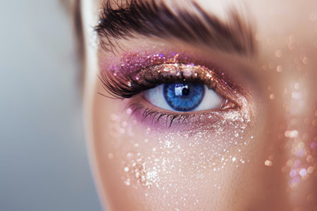 Woman face with gold glitter eyes makeup. Fashion celebrate makeup, glowy clear skin. Generative AI illustrationの素材