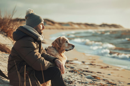Man sitting with dog on sand dune at beach. Generative AI illustrationの素材