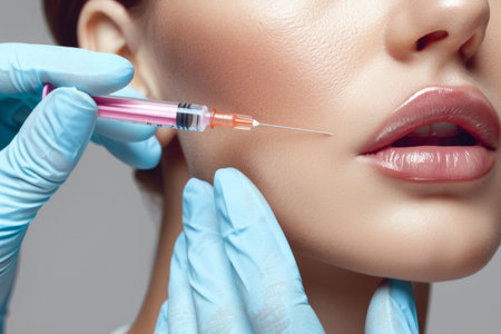 Doctor hands doing beauty procedure to female face with syringe. Young woman's face contouring with filler injection. Generative AI illustrationの素材
