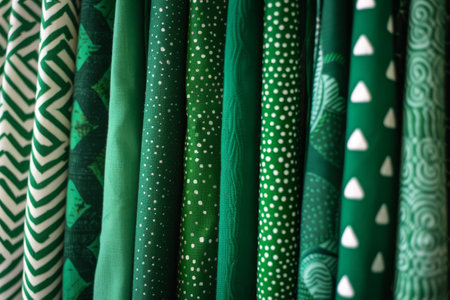 Fabric pattern background in green colors. Mix textile fabrics. Generative AI illustrationの素材