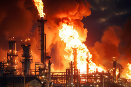 Major fire at an industrial oil refinery. Generative AI illustrationの素材