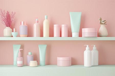 Soft pastel colored skin care products on a shelf. Generative AI illustrationの素材