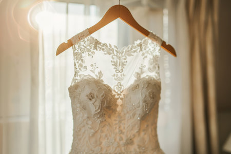 The perfect wedding dress hanging on a hanger in the room of the bride. Wedding design. Generative AI illustrationの素材