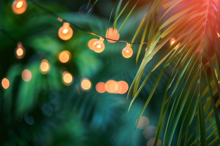 Tropical palm leaves and string lights. Generative AI illustrationの素材