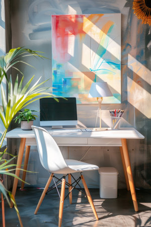 Stylish workspace with a trendy wall art. Generative AI illustrationの素材