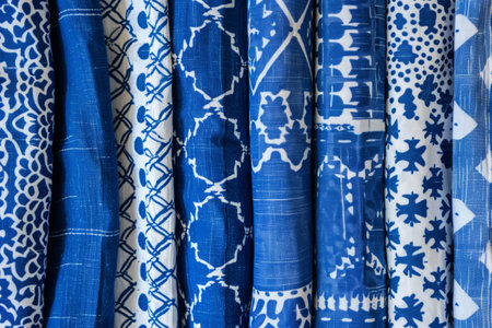 Fabric pattern background in blue colors. Mix textile fabrics. Generative AI illustrationの素材