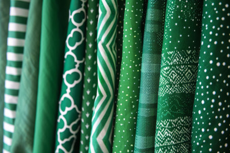 Fabric pattern background in green colors. Mix textile fabrics. Generative AI illustrationの素材