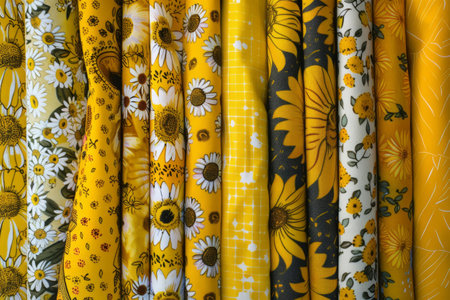 Fabric pattern background in yellow colors. Mix textile fabrics. Generative AI illustrationの素材