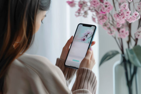 Woman scheduling posts on a social media app. Generative AI illustrationの素材