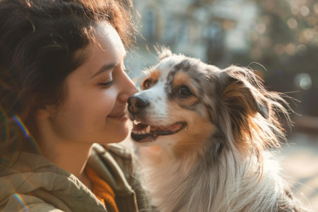 Dog with joyful owner playing and having fun. Lovely pet. Generative AI illustrationの素材