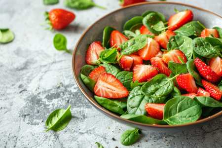 Light salad with spinach and strawberries. Generative AI illustrationの素材