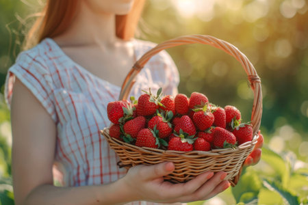 Woman holds a basket with fresh strawberries. Generative AI illustrationの素材
