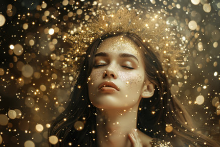 Beauty woman on dark background with magic glow. Generative AI illustrationの素材