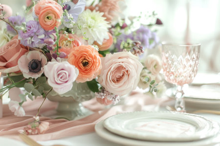 Table setting with pastel colored floral centerpieces. Generative AI illustrationの素材