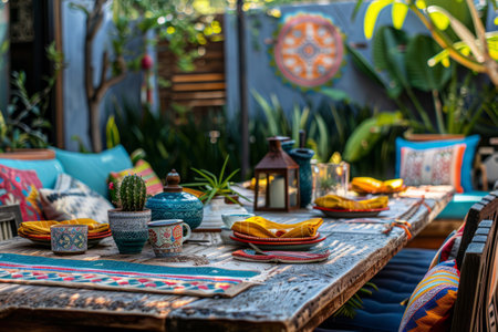 Outdoor dining area with vibrant colorful cushions and chairs. Generative AI illustrationの素材