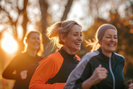 Group of smiling women jogging in a city park. Generative AI illustrationの素材