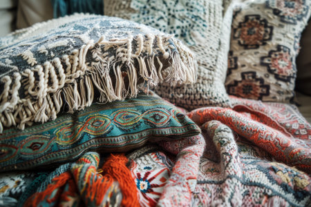 Bohemian style blankets and cushions. Details of boho style, eco design interior. Generative AI illustrationの素材