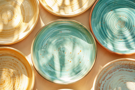 Different antique vintage multicolored empty ceramic plates. Generative AI illustrationの素材