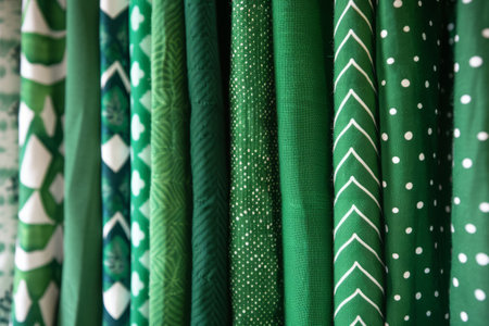 Fabric pattern background in green colors. Mix textile fabrics. Generative AI illustrationの素材