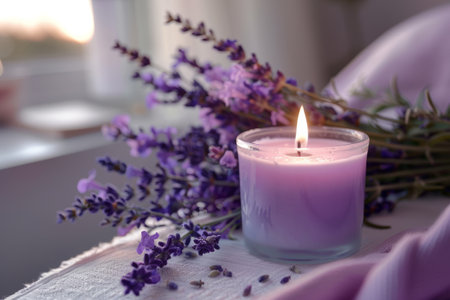 Aromatherapy concept. Violet scented candle with lavender flowers. Generative AI illustrationの素材