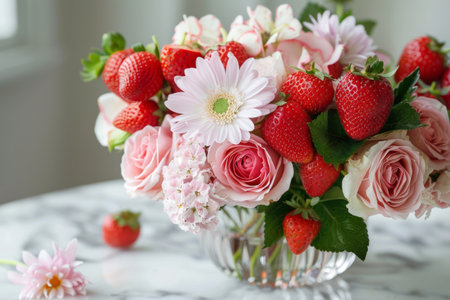 Pink and white floral arrangement with strawberries. Generative AI illustrationの素材