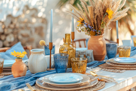 Mediterranean inspired outdoor summer table setting. Generative AI illustrationの素材