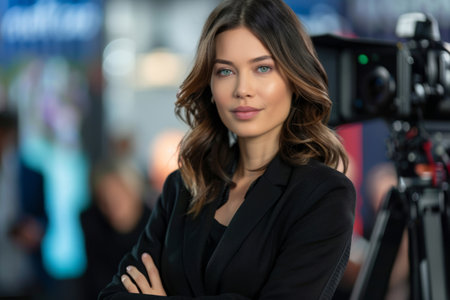 Professional news female reporter looking at the camera. Generative AI illustrationの素材
