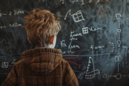 Smart boy looking at hand drawn mathematical problem on the blackboard. Generative AI illustrationの素材